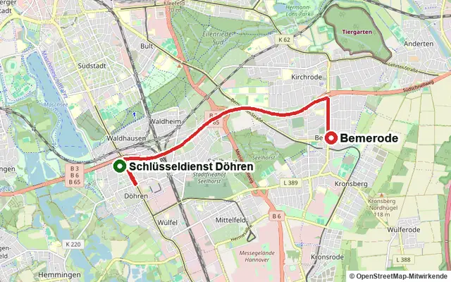 Karte mit der Route vom Standort Schlüsseldienst Döhren in Bemerode
