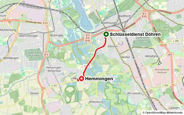Karte mit der Route vom Standort Schlüsseldienst Döhren in Hemmingen