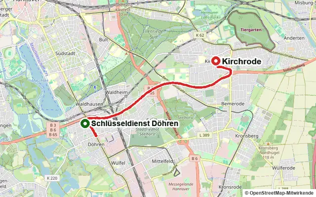 Karte mit der Route vom Standort Schlüsseldienst Döhren in Kirchrode