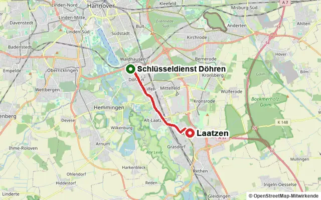 Karte mit der Route vom Standort Schlüsseldienst Döhren in Laatzen