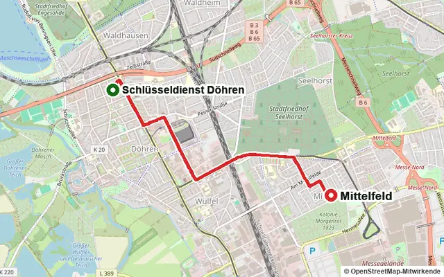 Karte mit der Route vom Standort Schlüsseldienst Döhren in Mittelfeld