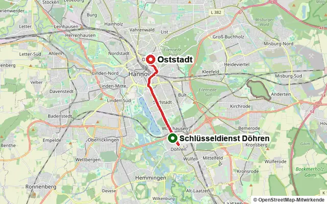 Karte mit der Route vom Standort Schlüsseldienst Döhren in der Oststadt