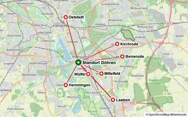 Übersichtskarte aller Servicegebiete rund um den Standort Döhren