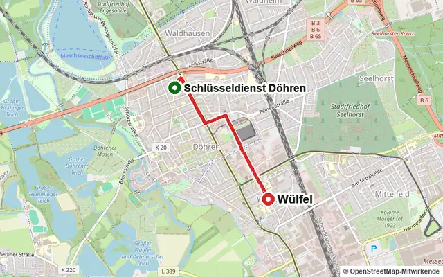 Karte mit der Route vom Standort Schlüsseldienst Döhren in Wülfel